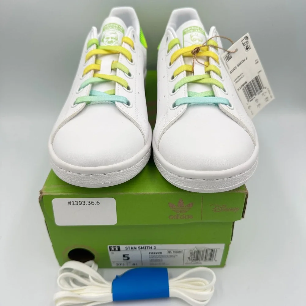 Adidas Stan Smith J FX5998 Kids Disney Tinkerbell White Rainbow Lace Shoes Sz‎ 5
